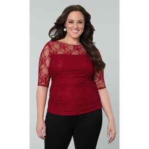 Kiyonna Top Red Lace 2X Smitten Style Feminine Illusion Neckline Christmas Party